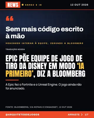 Post do Instagram do Arquitetos de Jogos: Faixa NEWS com a data 13 de outubro de 2026 e uma frase entre aspas: Sem mais código escrito à mão, mensagem interna à equipe segundo a Bloomberg. Manchete: Epic põe equipe de jogo