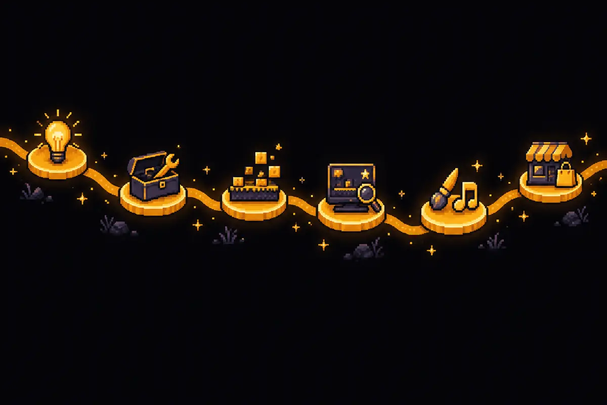Um caminho dourado visto de cima com seis pedras iluminadas: uma lâmpada, uma caixa de ferramentas, blocos montando uma fase de jogo, uma lupa sobre uma tela, um pincel com uma nota musical e uma pequena loja. Mostra as seis etapas do jogo, da ideia à loja. Imagem gerada por inteligência artificial.