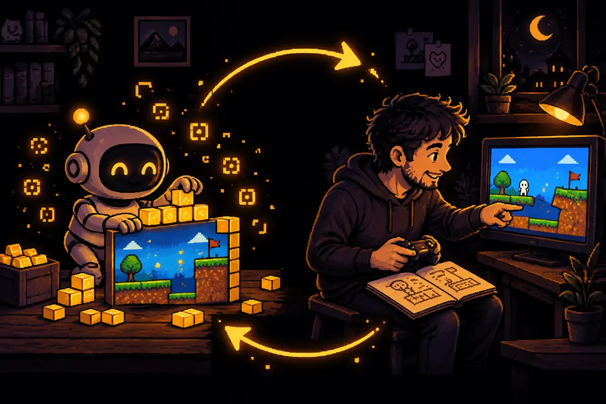 Ilustração em pixel art: de um lado, o pequeno robô monta rapidamente uma fase de jogo com blocos dourados; do outro, o homem joga essa fase com um controle e aponta um ponto da tela. Um caminho dourado liga os dois lados em círculo. A imagem mostra a divisão do trabalho: a IA constrói, a pessoa testa e devolve. Imagem gerada por inteligência artificial.