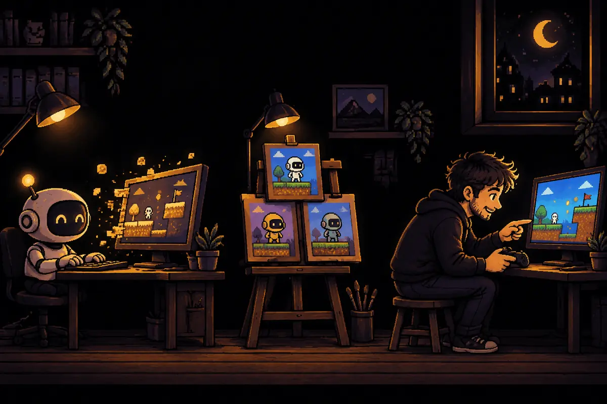 Um homem e um pequeno robô numa oficina à noite, em três estações: o robô digita rápido num computador de onde saem blocos que montam uma fase de jogo; no meio, três quadros tentam mostrar o mesmo herói, cada um de um jeito; à direita, o homem joga com um controle na mão. Mostra que a IA vai bem no código, erra mais nos desenhos e deixa o teste com você. Imagem gerada por inteligência artificial.
