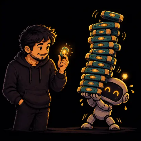 O pequeno robô cambaleia sob uma pilha gigante de cartuchos de jogo, prestes a cair, enquanto o homem, tranquilo, segura um único cartucho pequeno e brilhante. Mostra a diferença entre começar grande e começar pequeno. Imagem gerada por inteligência artificial.