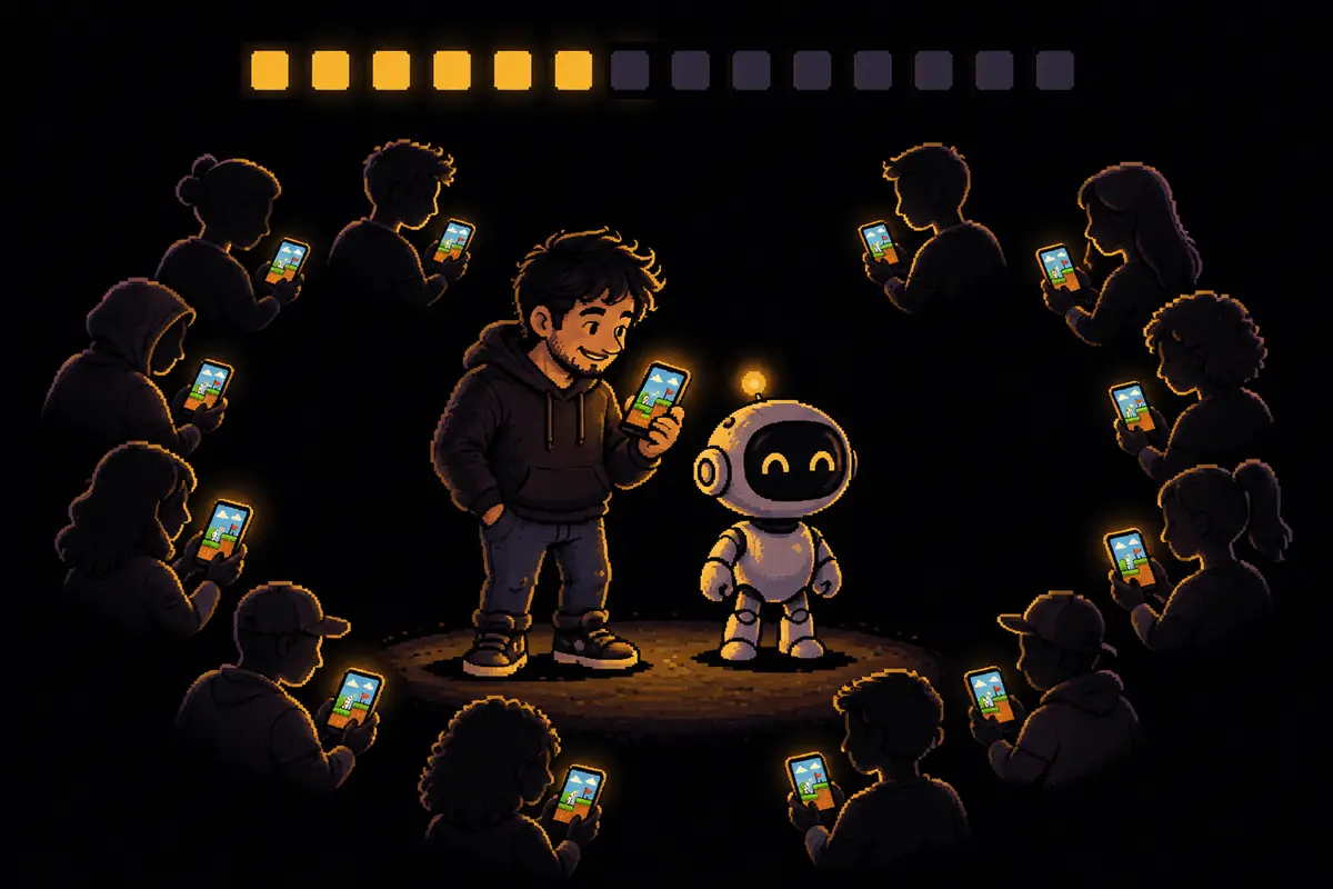Um homem e um pequeno robô no centro, cercados por doze silhuetas com celulares que mostram o mesmo jogo, sob uma fileira de 14 quadrados, seis já acesos, como dias num calendário. Mostra o teste fechado: 12 pessoas testando o jogo, dia após dia, por 14 dias seguidos. Imagem gerada por inteligência artificial.