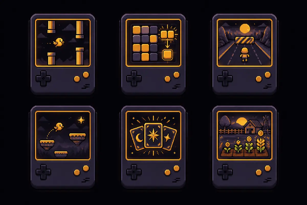 Seis telinhas de jogo lado a lado, cada uma com um tipo simples: um bichinho voando entre colunas, peças coloridas deslizando numa grade, um boneco correndo sem parar, um boneco pulando entre plataformas, três cartas e uma plantação que cresce sozinha. Mostra os tipos de jogo simples desta página. Imagem gerada por inteligência artificial.