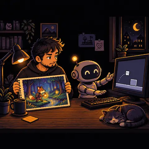 O pequeno robô apresenta, orgulhoso, uma tela com um jogo cinza e sem graça: um quadrado pulando um bloco. Ao lado, o homem segura um caderno com o desenho colorido da ideia dele, uma raposa com uma lanterna numa floresta, e olha a tela sem se impressionar. Mostra o que sai quando o pedido é vago. Imagem gerada por inteligência artificial.