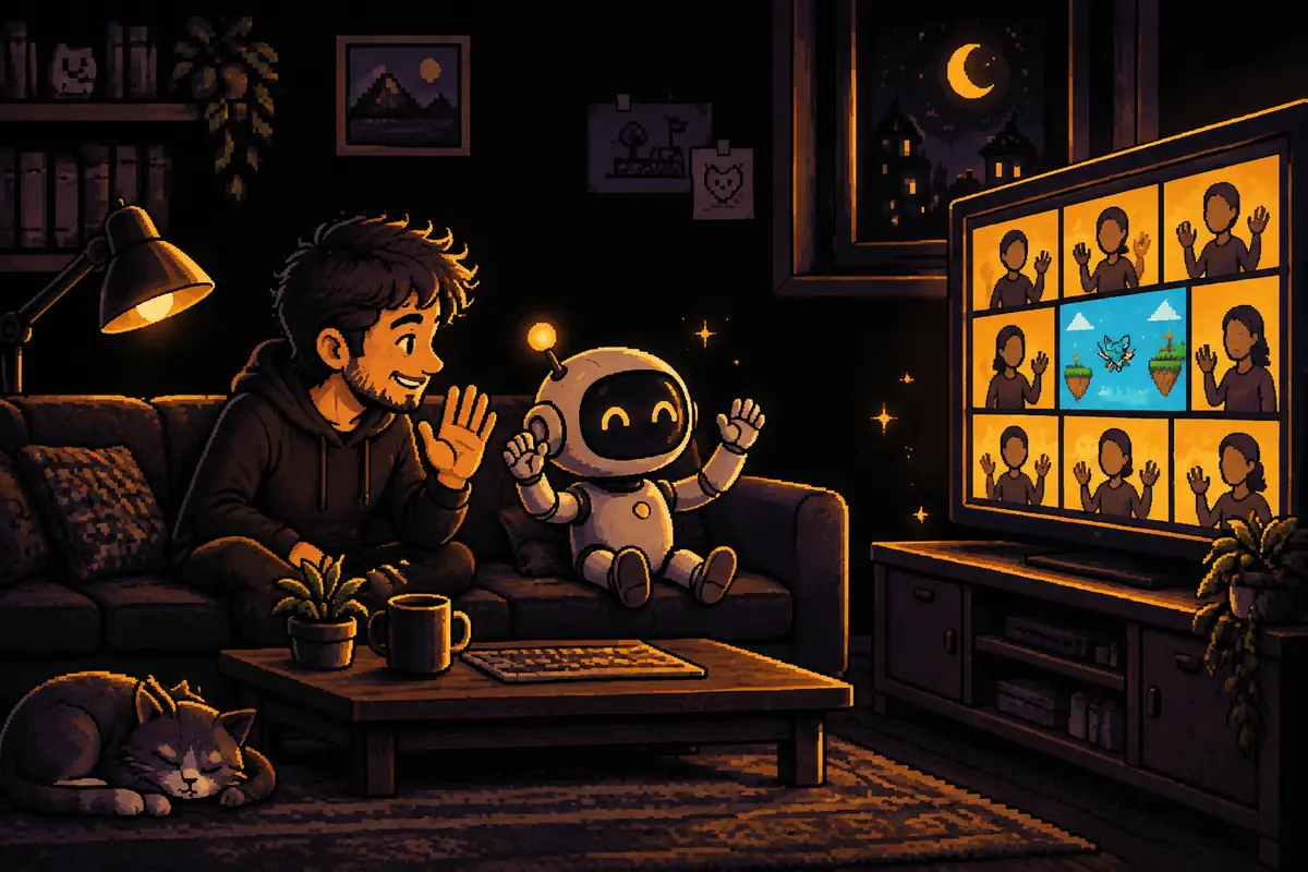 Ilustração em pixel art: um homem e um pequeno robô num sofá, acenando para várias pessoas numa chamada de vídeo na tela grande. Imagem gerada por inteligência artificial.