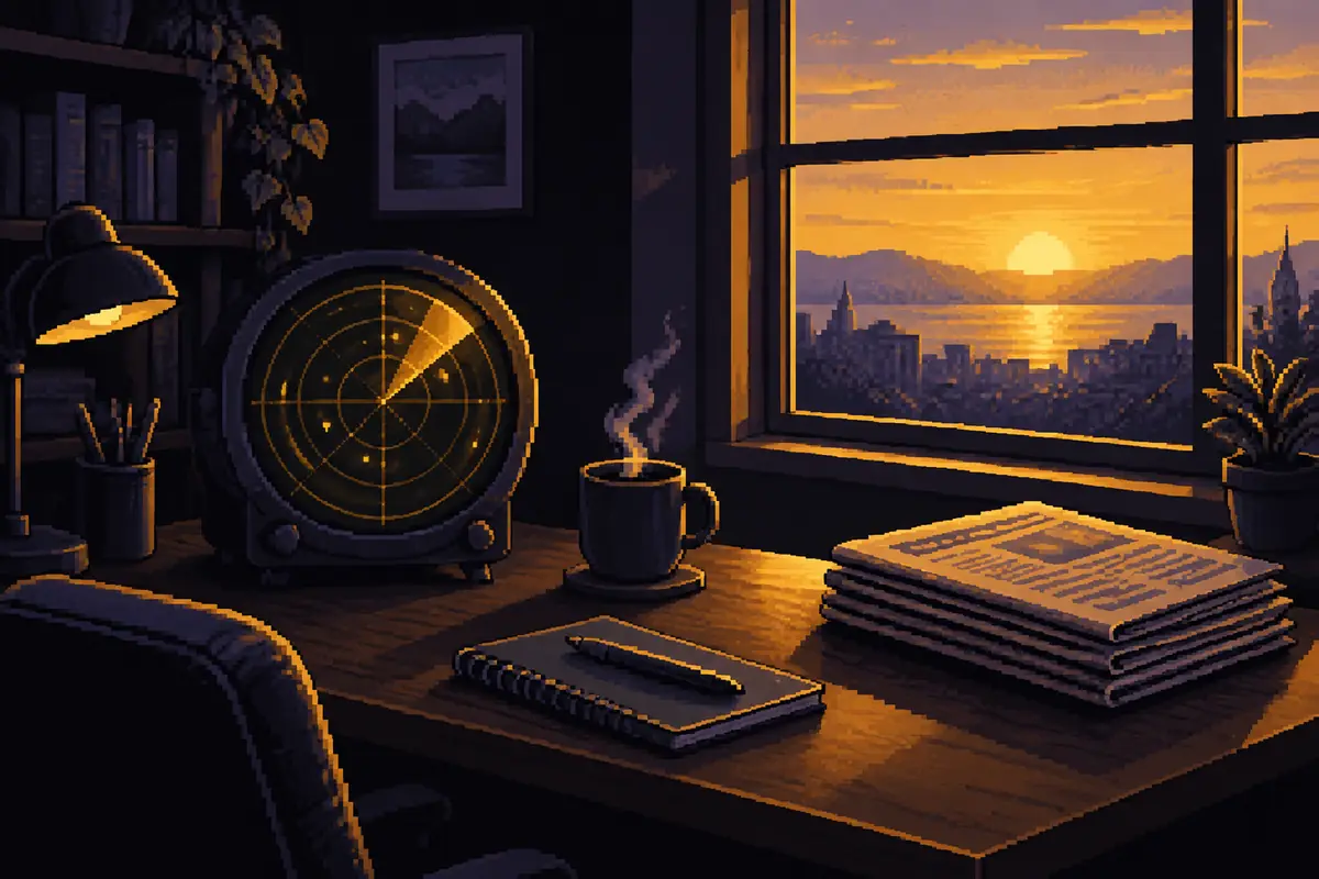Ilustração em pixel art: um escritório em casa ao amanhecer, com uma tela de radar, café e jornais. Imagem gerada por inteligência artificial.