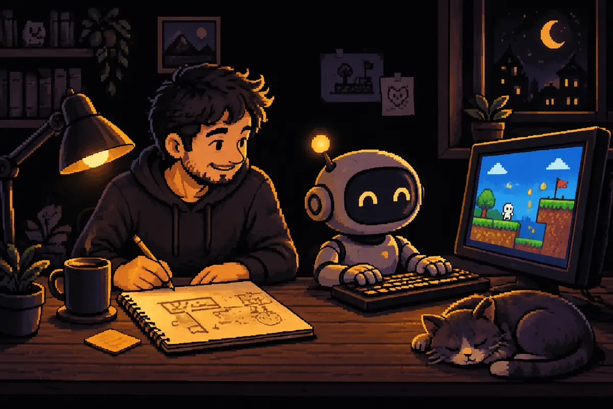 Ilustração em pixel art: um homem desenha a ideia de um jogo num caderno enquanto um pequeno robô digita e a fase aparece na tela. Imagem gerada por inteligência artificial.