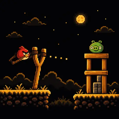 Homenagem em pixel art a Angry Birds: o pássaro vermelho no estilingue mirando um porco verde numa torre de madeira. Imagem gerada por inteligência artificial.