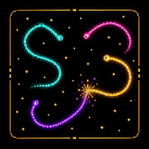 Homenagem em pixel art ao Curve Clash, o jogo de Jonathan Bjerk: quatro linhas coloridas, como cobrinhas, disputando espaço numa arena escura. Imagem gerada por inteligência artificial.