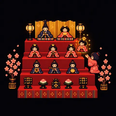 Homenagem em pixel art a Hinadan, o jogo de Masako Wakamiya: bonecas japonesas sendo arrumadas nos degraus de um altar vermelho. Imagem gerada por inteligência artificial.