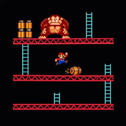 Homenagem em pixel art ao Donkey Kong de 1981: o futuro Mario pulando um barril nas vigas vermelhas. Imagem gerada por inteligência artificial.