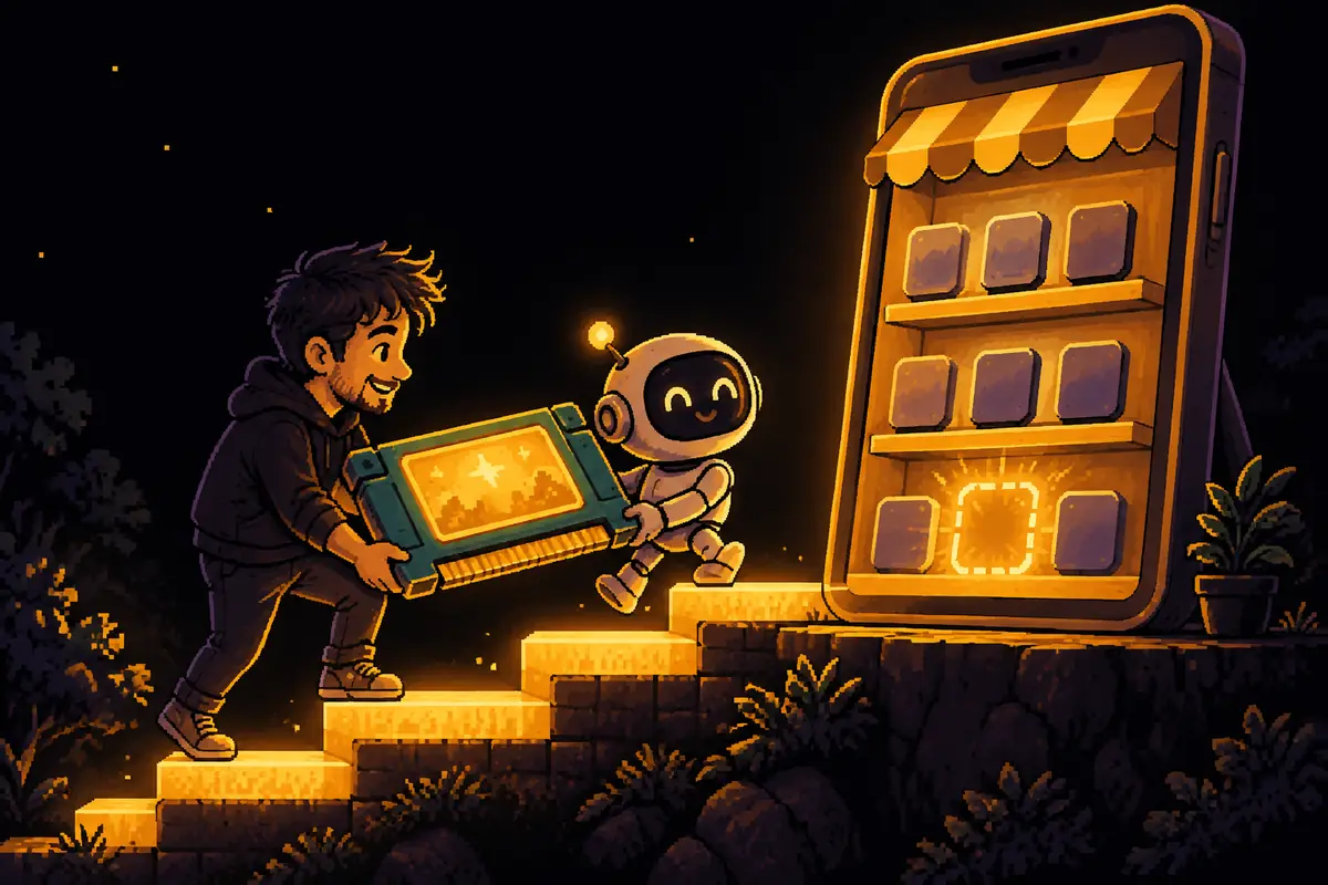 Ilustração em pixel art: à noite, um homem e um pequeno robô sobem uma escada de blocos dourados levando um cartucho de jogo brilhante até um celular gigante cuja tela é uma vitrine de loja. Imagem gerada por inteligência artificial.