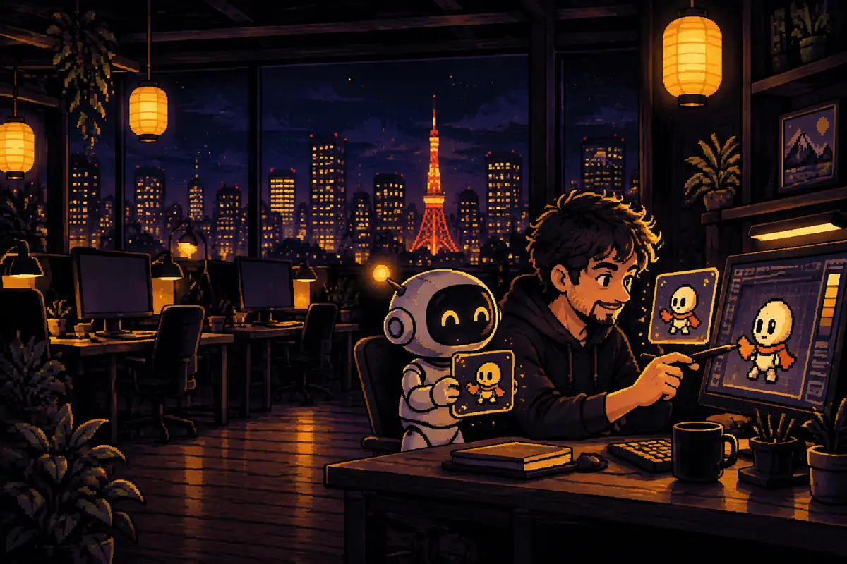 Ilustração em pixel art: à noite, num pequeno estúdio de jogos com lanternas de papel e vista para uma cidade com torres iluminadas, um homem revisa na tela um personagem desenhado, enquanto um pequeno robô ao lado oferece outra versão do desenho. Imagem gerada por inteligência artificial.