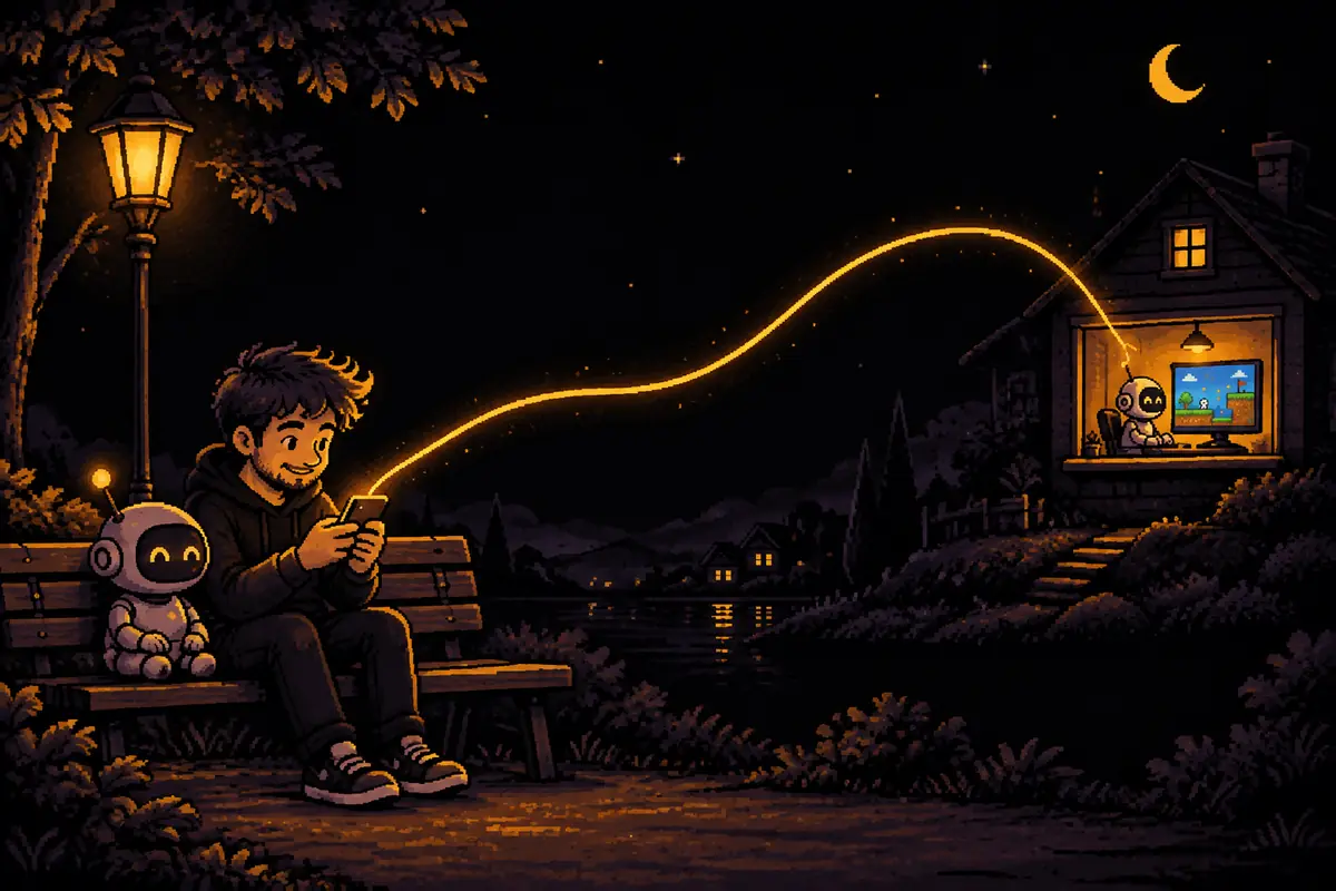 Ilustração em pixel art: o homem, sentado num banco de praça à noite ao lado do pequeno robô, mexe no celular, e um fio de luz dourada sai da tela até a janela de uma casa distante, onde um robô igual trabalha num computador que mostra um jogo de plataforma. Mostra o celular como controle e o computador como o lugar onde o trabalho acontece. Imagem gerada por inteligência artificial.