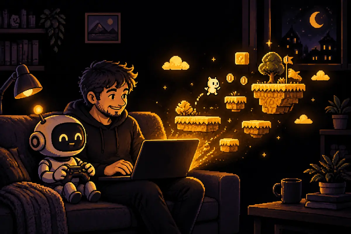 Ilustração em pixel art: um homem digita num notebook à noite e, saindo da tela, um pequeno jogo de plataforma se monta no ar, enquanto um pequeno robô já joga nele com um controle. Imagem gerada por inteligência artificial.