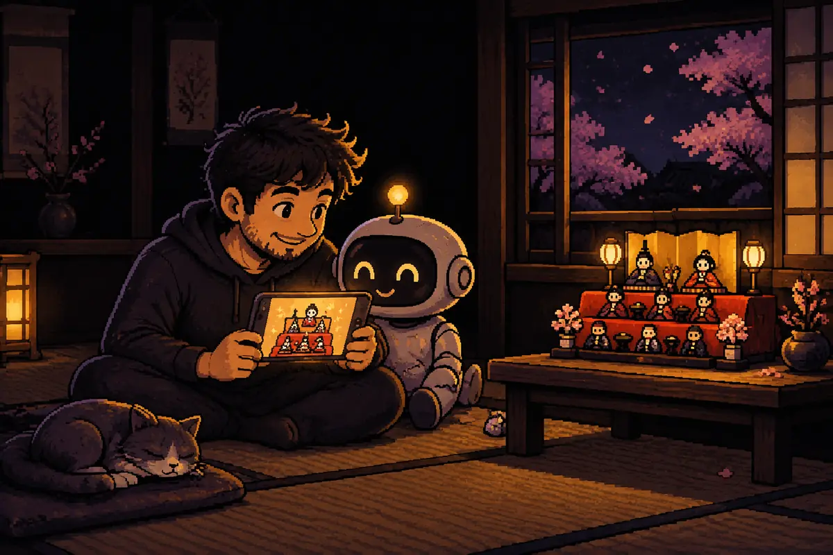 Ilustração em pixel art: à noite, um homem e um pequeno robô sentados no chão de uma sala japonesa olham um celular com um jogo de bonecas sendo arrumadas nos degraus de um altar vermelho; ao lado, um altar de bonecas de verdade e um gato dormindo. Imagem gerada por inteligência artificial.