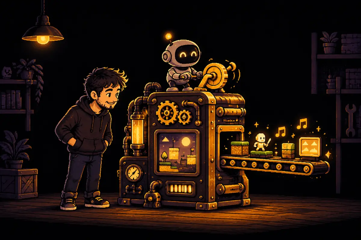 Ilustração em pixel art: o homem e o pequeno robô diante de uma grande máquina retrô cheia de engrenagens douradas, de onde saem peças de um jogo, como blocos, um personagem pequeno, notas musicais e uma tela acesa. Imagem gerada por inteligência artificial.