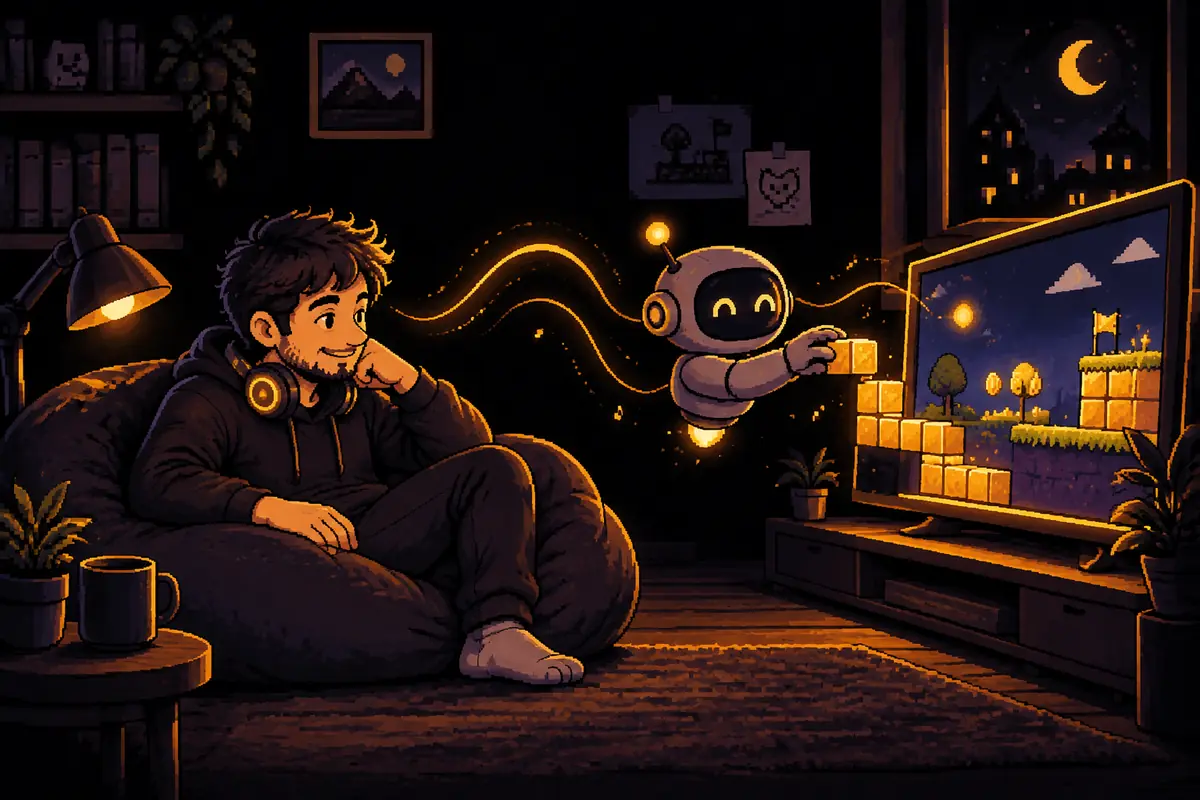 Ilustração em pixel art: um homem relaxado num pufe, de fones de ouvido, conversa com um pequeno robô que monta, numa tela grande, uma fase de jogo feita de blocos dourados, cercada por ondas de luz. Imagem gerada por inteligência artificial.