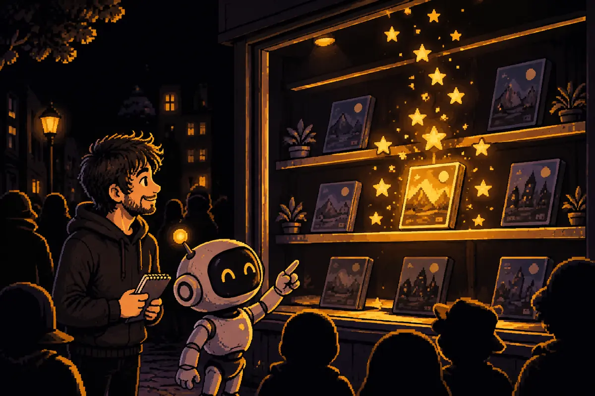 Ilustração em pixel art: à noite, o homem, com um caderninho na mão, e o pequeno robô olham a vitrine de uma loja de jogos, cercados por silhuetas de pessoas; o robô aponta para uma caixa de jogo que brilha mais que as outras, rodeada de estrelas douradas. Imagem gerada por inteligência artificial.