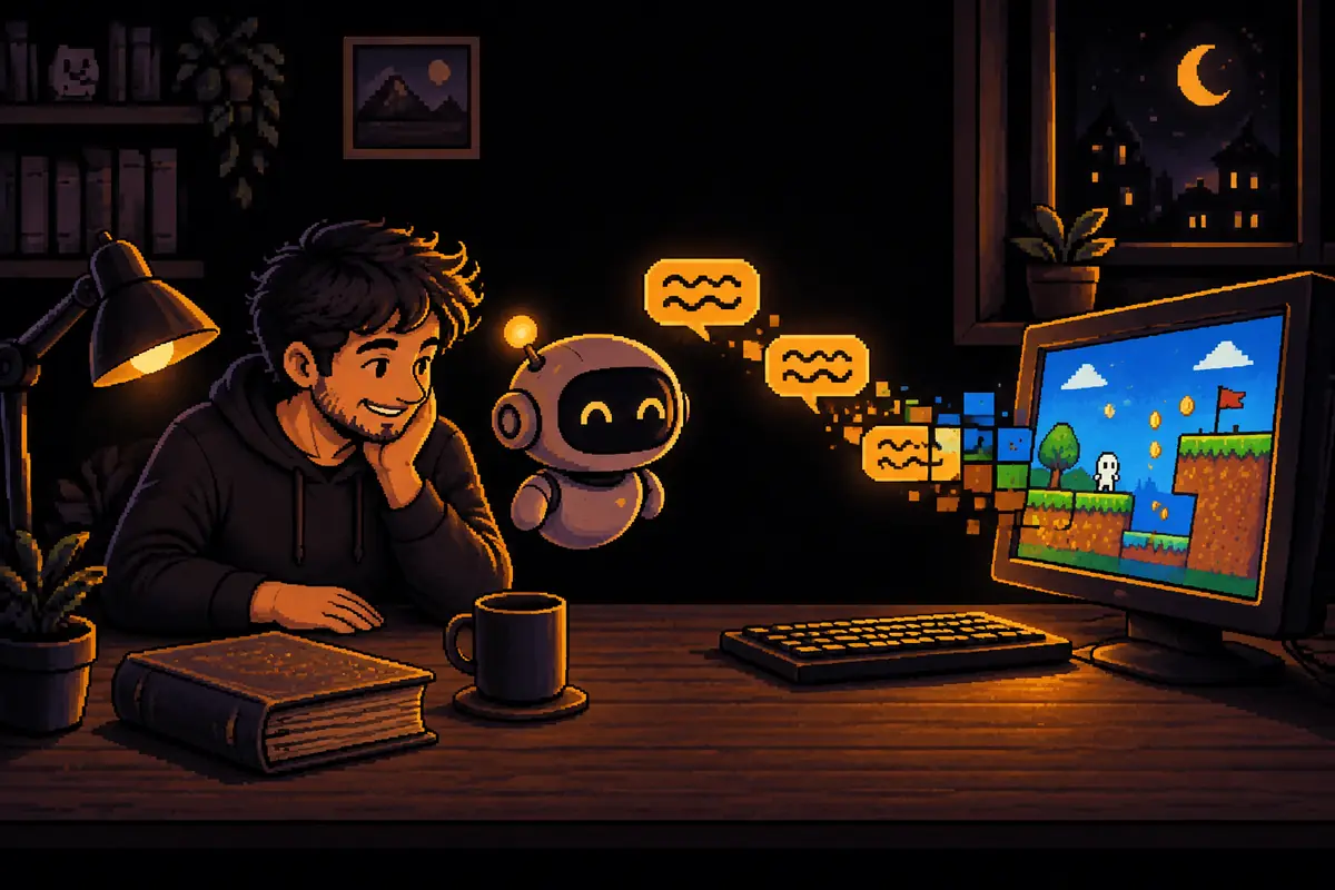 Ilustração em pixel art: à noite, o homem sorri apoiado na mesa enquanto o pequeno robô flutua ao lado; balões de fala dourados, sem letras, viram blocos coloridos que montam um jogo de plataforma no monitor, e um dicionário grosso fica fechado no canto da mesa. Imagem gerada por inteligência artificial.