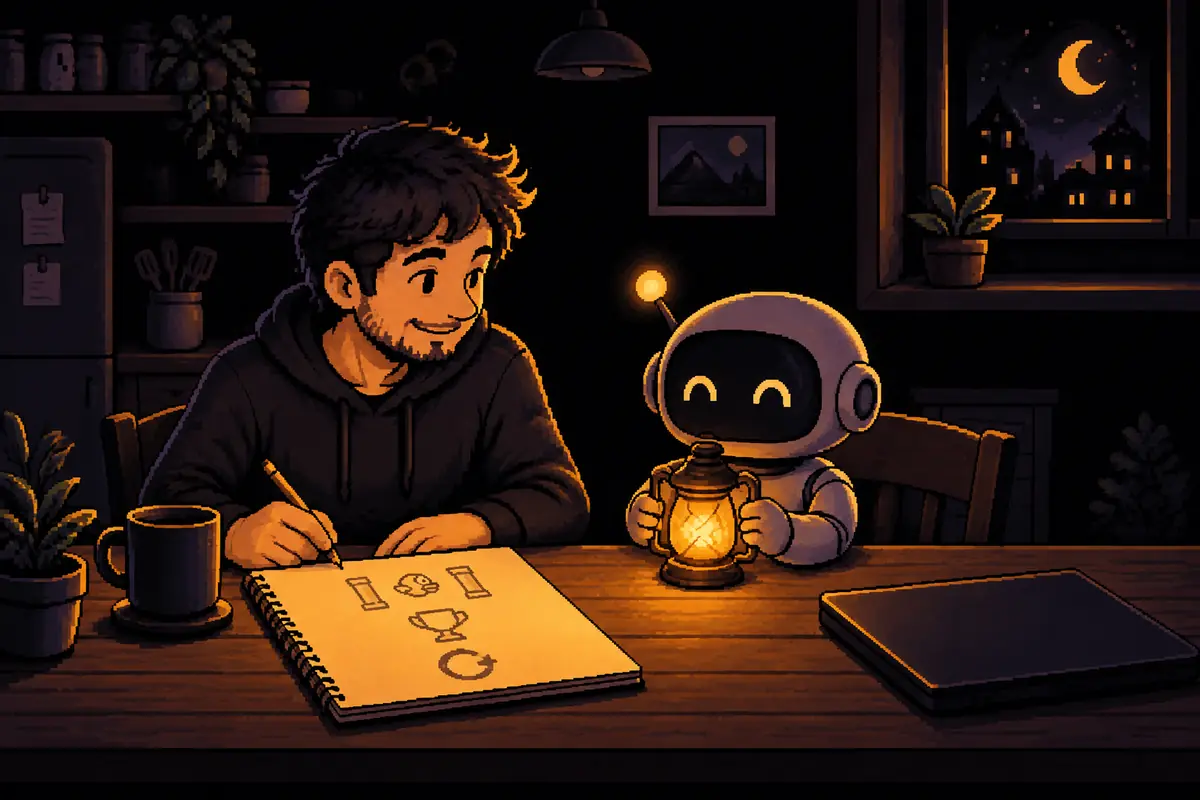 Ilustração em pixel art: à noite, numa mesa de cozinha, um homem escreve num caderno com três desenhos simples, um pássaro entre canos, um troféu e uma seta em círculo, enquanto o pequeno robô espera ao lado do notebook fechado, segurando uma lanterna. Imagem gerada por inteligência artificial.