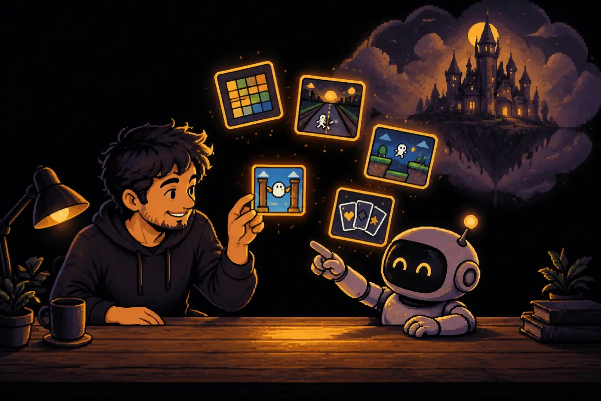 Ilustração em pixel art: à noite, um homem escolhe uma pequena tela de jogo entre várias que flutuam sobre a mesa, enquanto um pequeno robô aponta para ela; ao fundo, um castelo enorme flutua numa nuvem de pensamento. Imagem gerada por inteligência artificial.