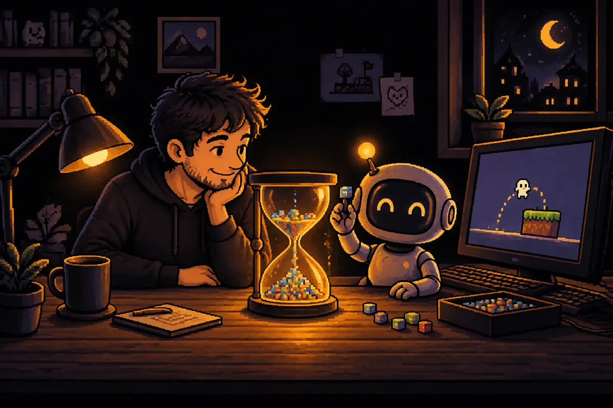 Ilustração em pixel art: à noite, um homem e um pequeno robô olham uma grande ampulheta dourada cuja areia é feita de pequenos blocos de jogo; no monitor, um jogo bem simples. Imagem gerada por inteligência artificial.