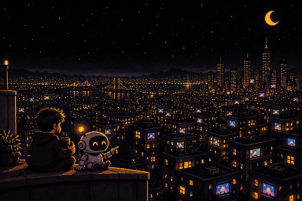 Ilustração em pixel art: um homem e um pequeno robô, no alto de um prédio à noite, olham uma cidade enorme com milhões de janelas acesas, algumas com a luz colorida de um jogo na tela. Imagem gerada por inteligência artificial.