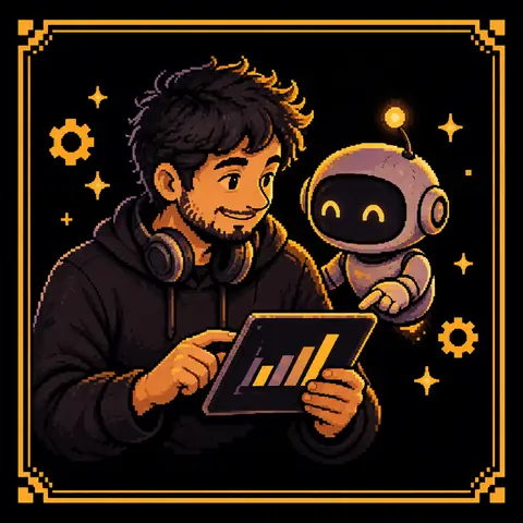 Retrato em pixel art de um homem com fones no pescoço olhando um gráfico num tablet, com um pequeno robô apontando. Imagem gerada por inteligência artificial.