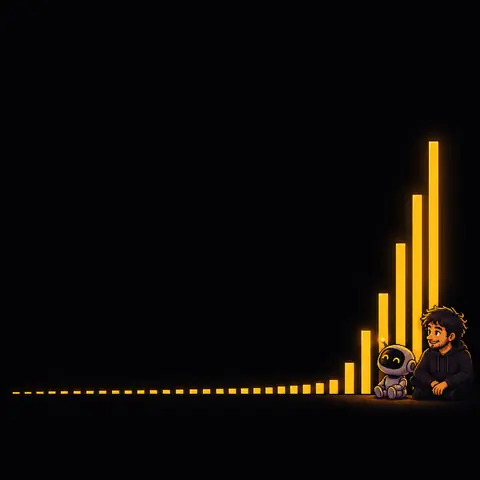 Gráfico em pixel art, sem números: uma fileira longa de barras douradas quase rentes ao chão e, no fim, poucas barras muito altas e brilhantes, com o homem e o pequeno robô sentados ao pé delas. Mostra que a receita da Steam se concentra em poucos jogos. Imagem gerada por inteligência artificial.